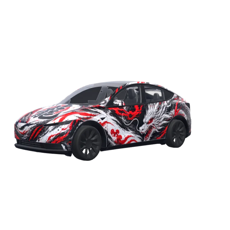 Red & White Dragon Street Art · Model Y (2025+) Standard wrap in 3D