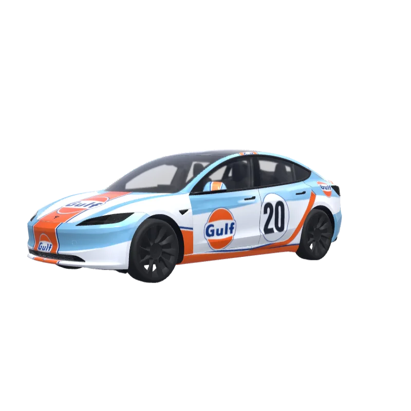 Gulf Racing on White · Model 3 (2024+) Standard & Premium wrap in 3D
