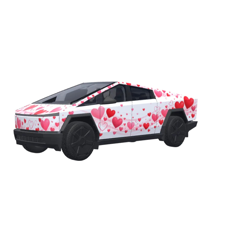 Red & Pink Hearts on White · Cybertruck wrap in 3D