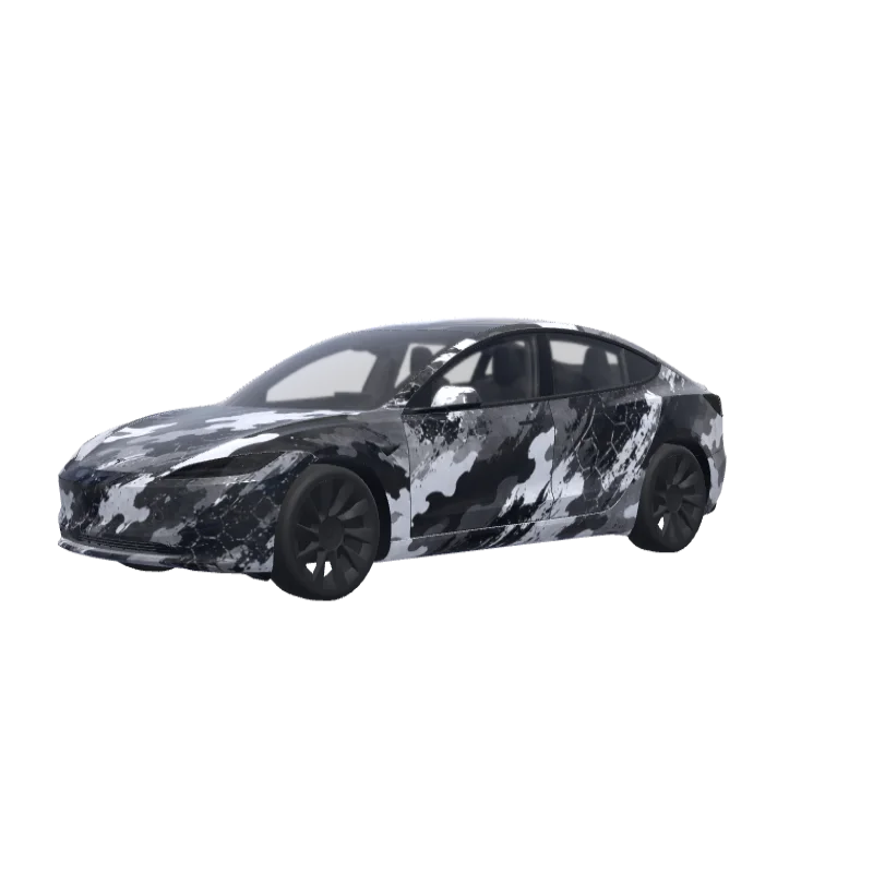 Urban Camo in Black, Gray & White · Model 3 (2024+) Standard & Premium wrap in 3D