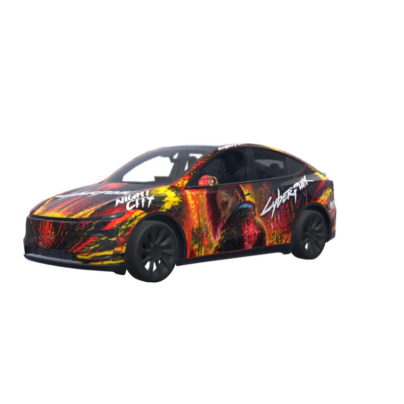 Cyberpunk 2077 Red & Yellow Neon · Model Y (2025+) Premium wrap in 3D