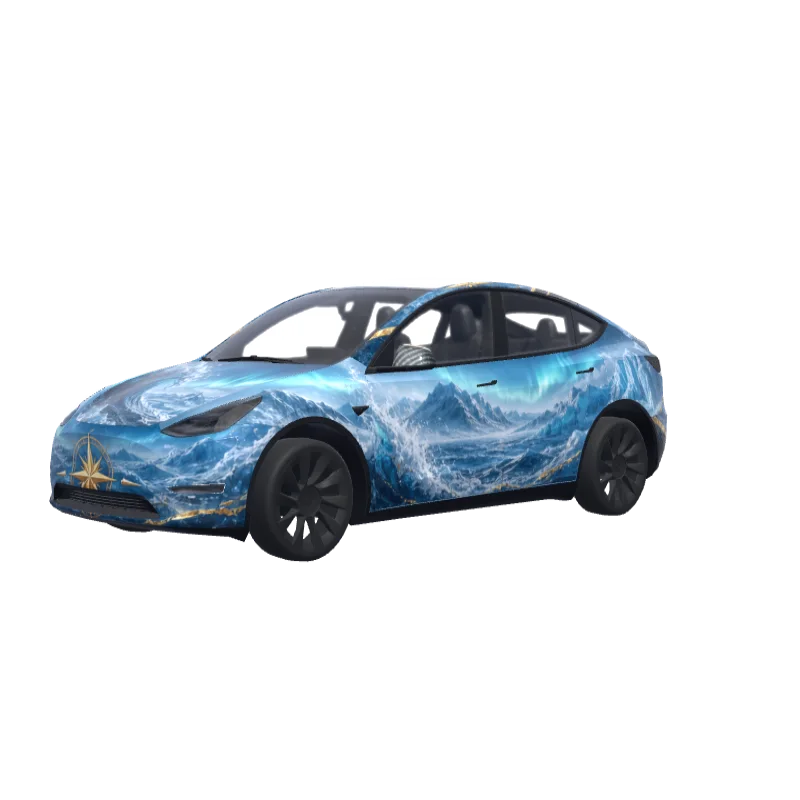 Satin Frozen Ocean with Gold Accents · Model Y wrap in 3D