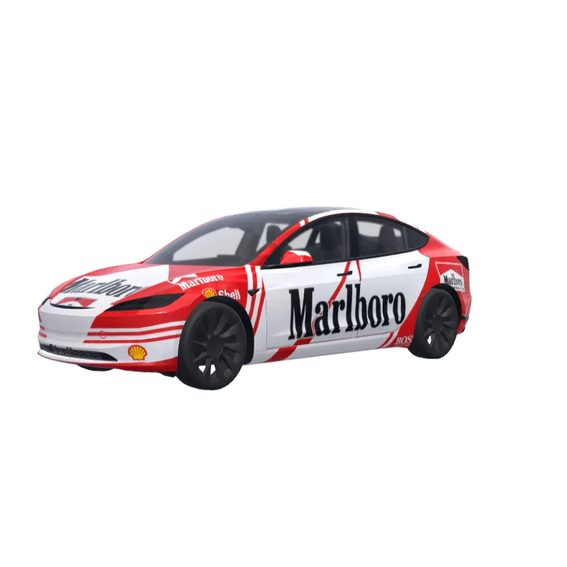 Marlboro-Style Red Chevrons · Model 3 (2024+) Standard & Premium wrap in 3D