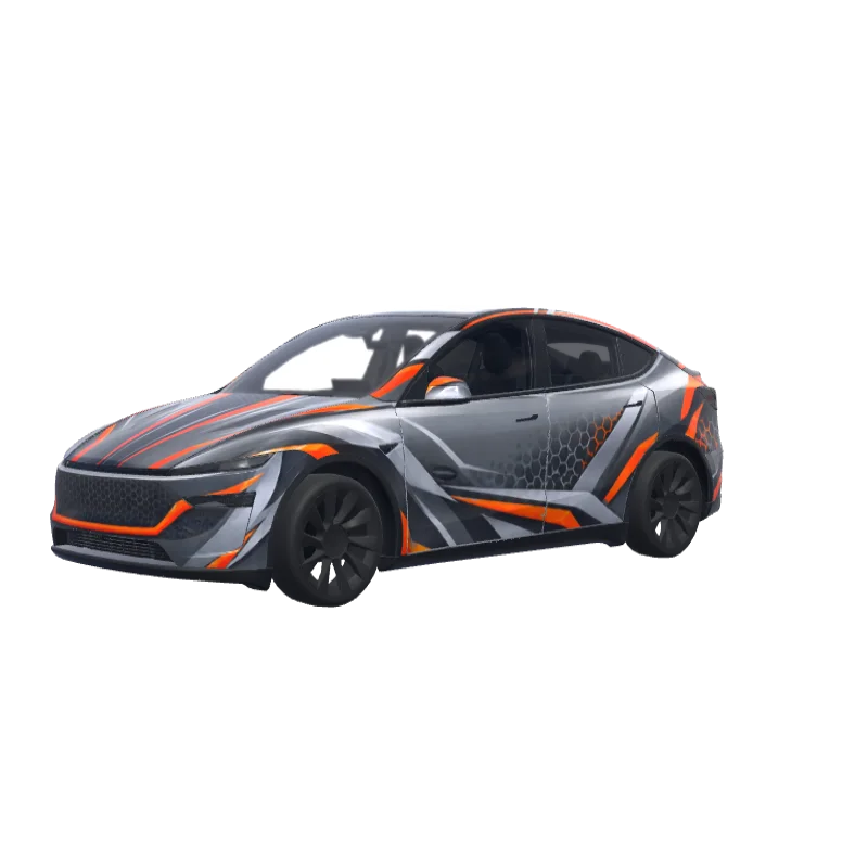 Matte Silver Gray with Orange · Model Y (2025+) Premium wrap in 3D