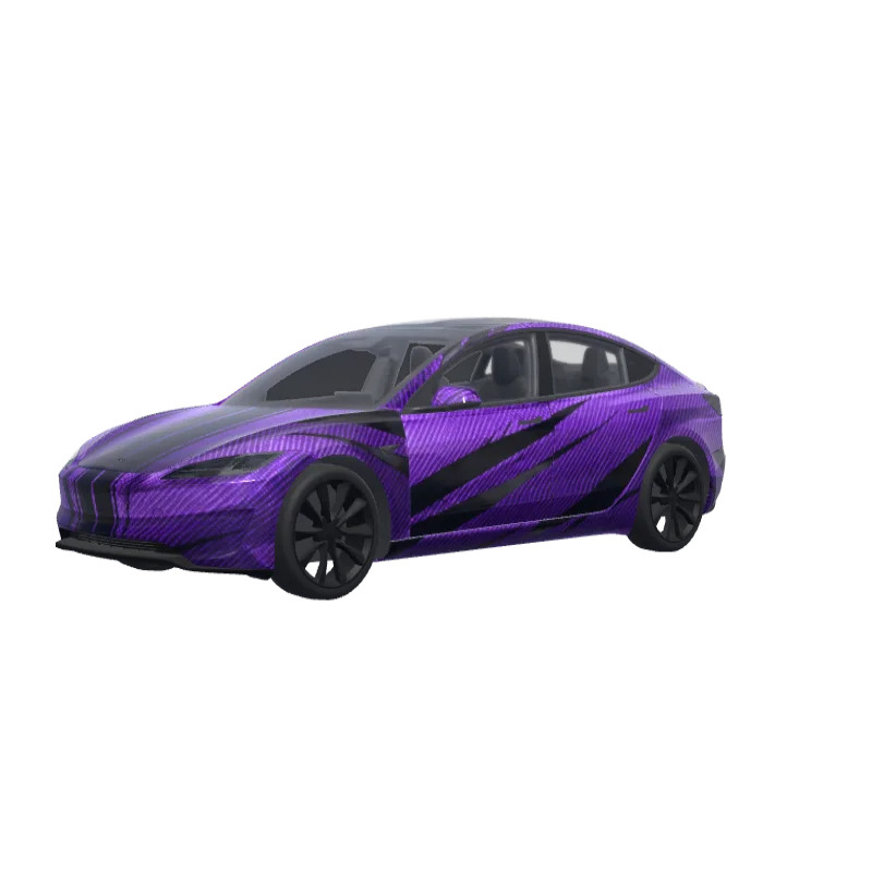Purple Carbon with Black Stripes · Model 3 (2024+) Performance wrap in 3D