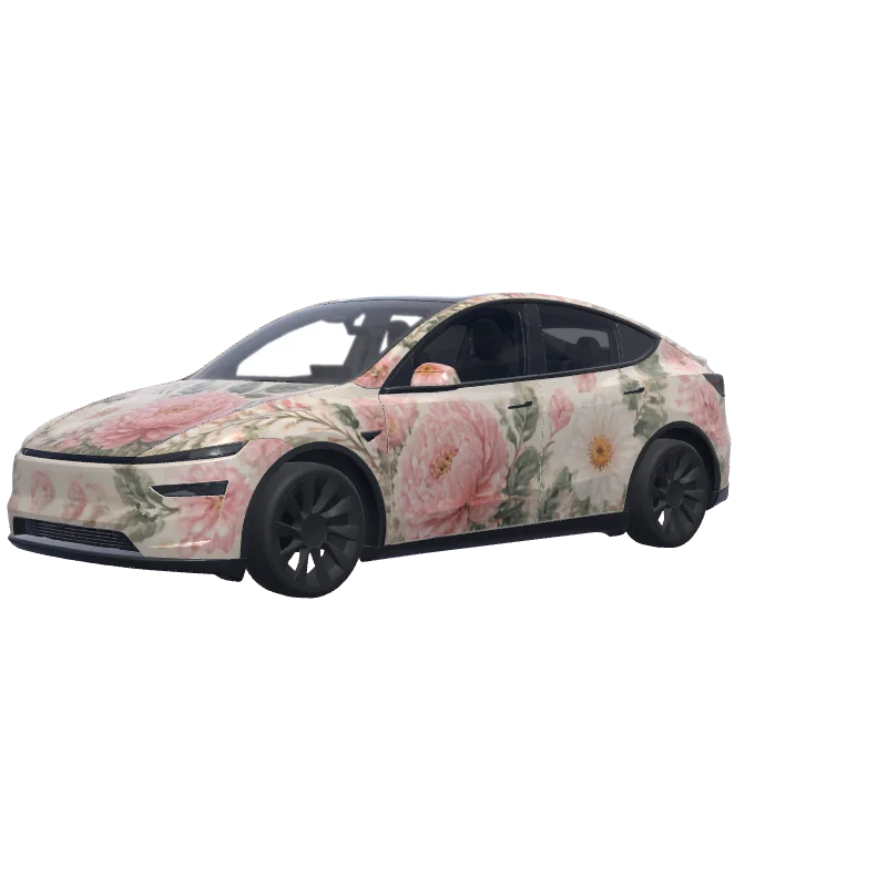 Hand-Painted Floral on Ivory · Model Y (2025+) Premium-wrap i 3D