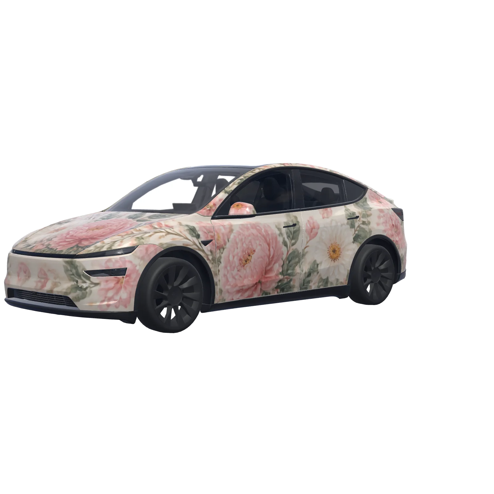 Hand-Painted Floral on Ivory · Model Y (2025+) Premium-wrap in 3D