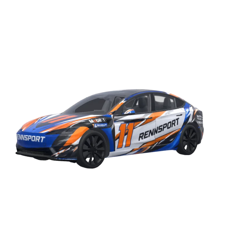 Orange & Blue Number 11 Racing · Model 3 (2024+) Performance wrap in 3D