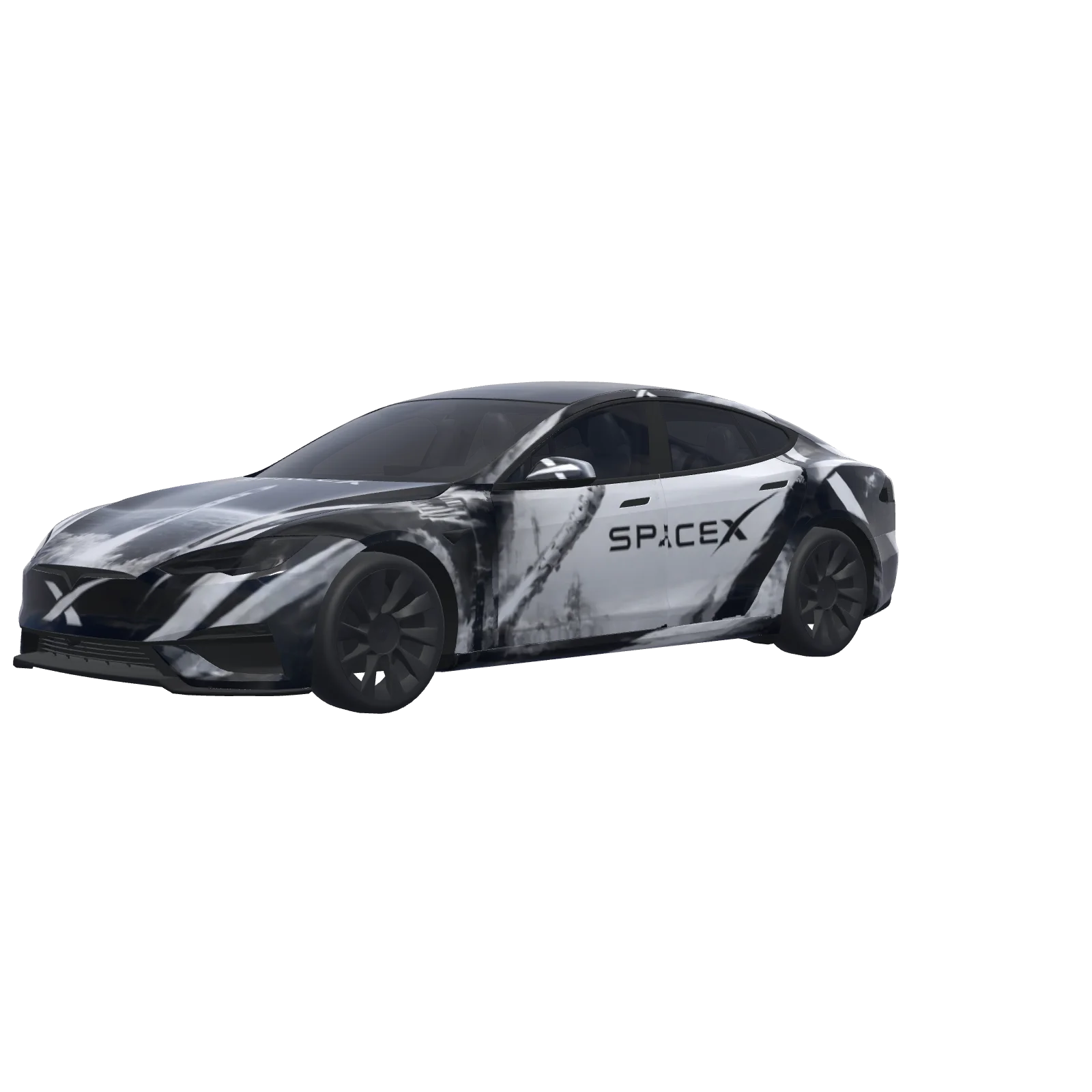 SpaceX Black & White · Model S 2025+ Plaid 랩 3D 미리보기