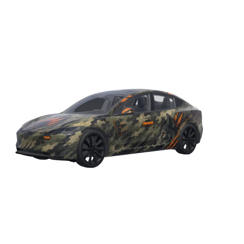 Camo with Safety Orange Accents · Model 3 (2024+) Performance wrap in 3D