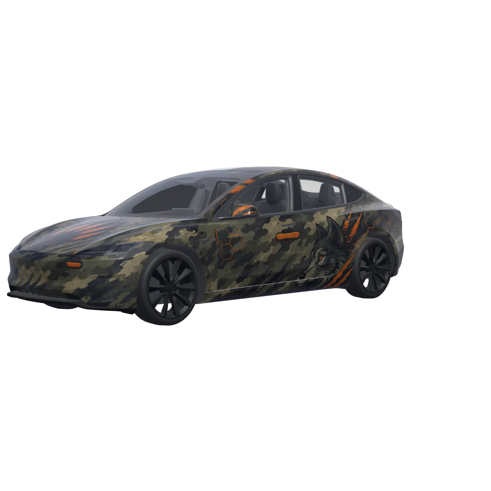 Camo with Safety Orange Accents · wrap Model 3 (2024+) Performance in 3D