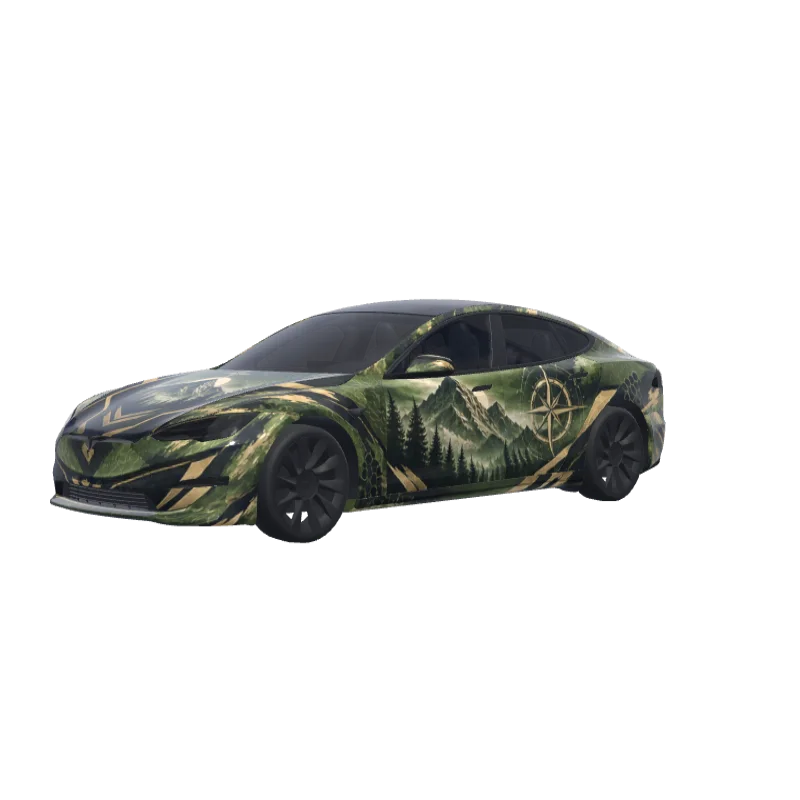 Satin Military Green · Model S 2021+ wrap in 3D