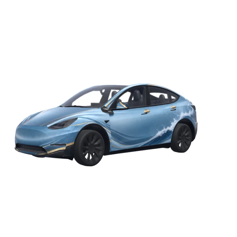 Satin Frozen Ocean with Carbon & Gold · Model Y wrap in 3D